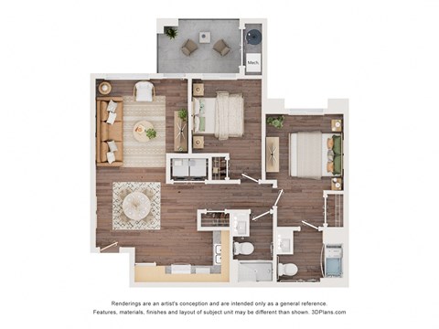 Floor plan for 2 beds, 2 baths, 995 sqft